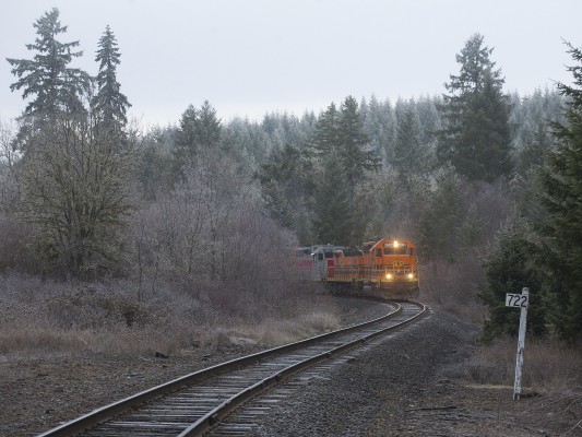 Hoar frost clings to the trees and tracks at milepost 722, just east of Blodgett, Oregon, on the Portland and Western's Toledo District where the Toledo Hauler approaches on December 29, 2009.