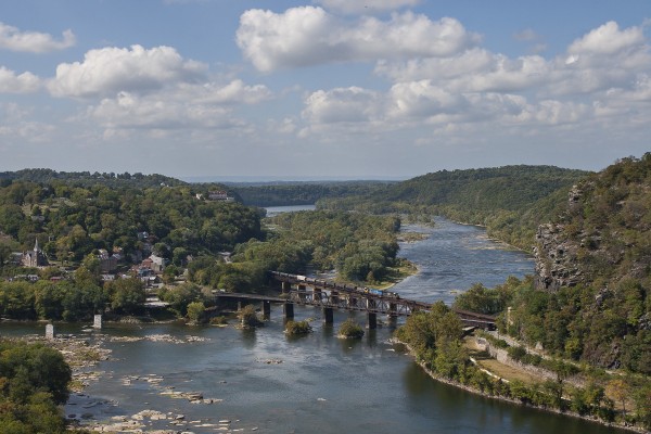 CSX eastbound mixed freight train crossing the Potomac River at Harpers Ferry, West Virginia.