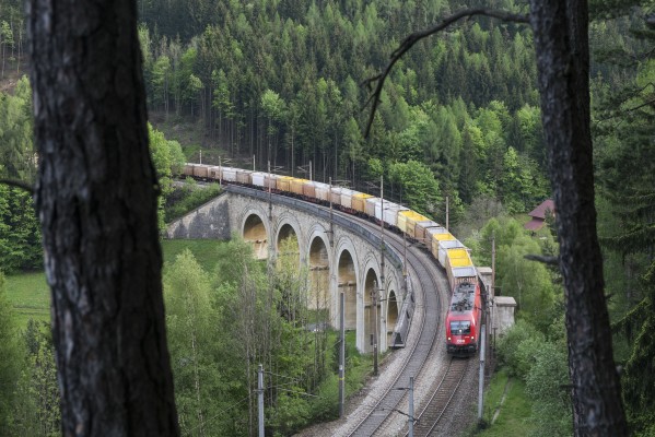 A single EuroSprinter locomotive leads a train of empty containers north across the eight arches of Adlitzgraben Viaduct near Wolfsbergkogel Station.