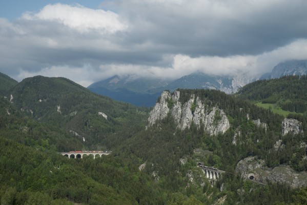 A train of new cars rolls over Kalte Rinne Viaduct on a beautiful late-spring morning.