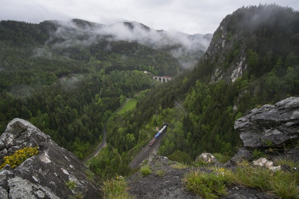 A long container train with three locomotives stretches across Kalte Rinne and Krauselklause viaducts at Breitenstein on a misty May morning.