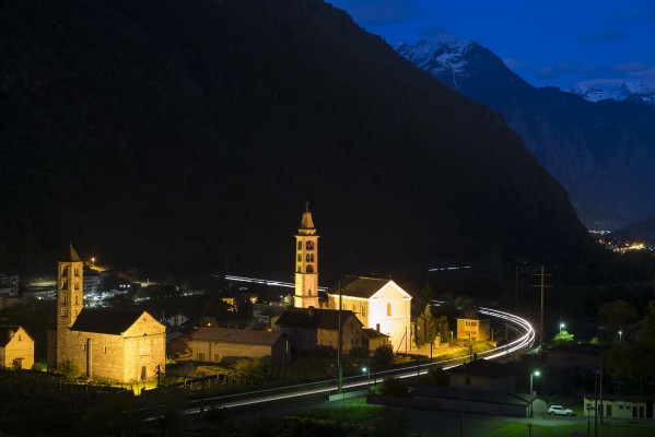 As twilight fades to night at Giornico, ICN 696 streaks north en route from Lugano to Basel.