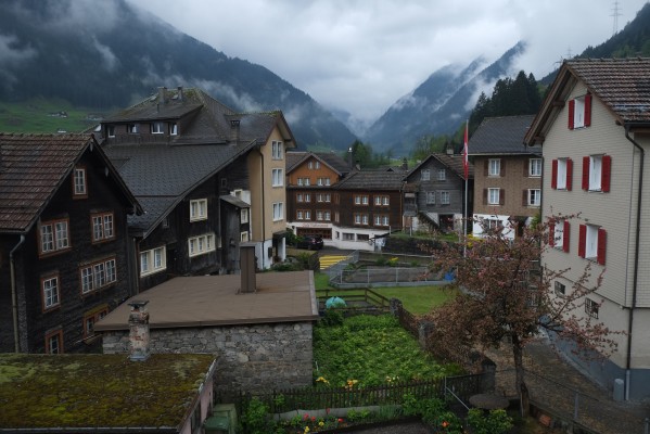 Wassen, Switzerland, on a misty May morning. This was the view from my room on the top floor of the Hotel Gerig.