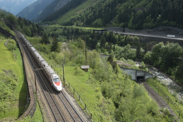 EuroCity 15 from Zurich to Milan heads south after passing through the Pfaffensprung Spiral Tunnel just below Wassen.
