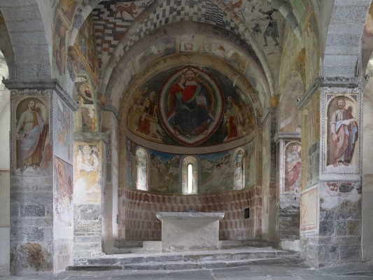 Medieval frescoes dating from the thirteenth century inside the Church of Saints Peter and Paul in Biasca, Swizterland.