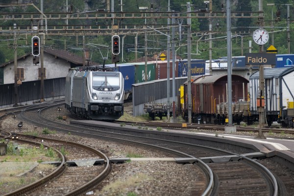 The Gotthard Railway's steep grade is evident in Faido station as two Railpool 187-class electrics lead a container train south.