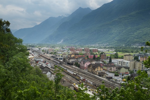 Looking down the Riveria Valley in Biasca; both the valley and the railway lead to Italy.