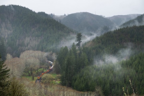 Portland and Western's Toledo Hauler curves east through western Oregon's Coast Range on March 20, 2016.