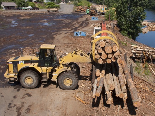 A front-end loader places a bundle of logs into a bin along the St. Joe River at the log yard in St. Maries, Idaho. Once the bin is a full, a worker will tie the logs with steel cable and then drop them into the river. When enough logs are assembled to build a raft, a tug will take them across Benewah Lake to a mill in Coeur d'Alene.