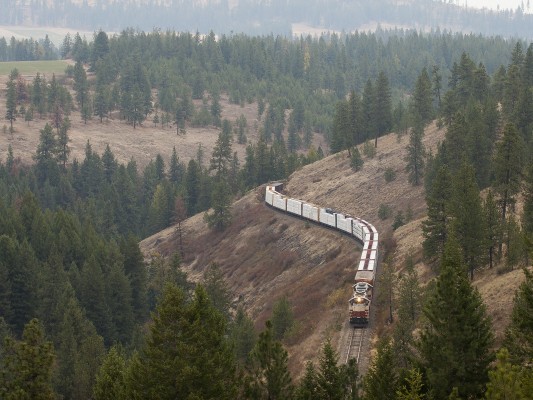 The St. Maries River Railroad's outbound Plummer Turn is just east of its namesake Idaho town with a long train of finished lumber for the Union Pacific interchange in October 2008.
