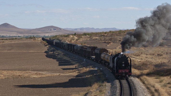 Westbound Jitong Railway freight train near Xigou, Inner Mongolia, China, on October 2, 2005.