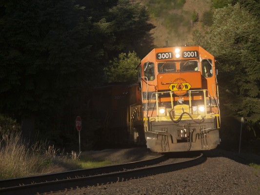 Portland and Western GP40-2 locomotive 3001 leads the Toledo Hauler west at Harris, Oregon, on June 29, 2009.