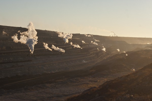 Steam trains on many levels of track inside the massive Zhalainuoer coal mine in Inner Mongolia near the Russian border.