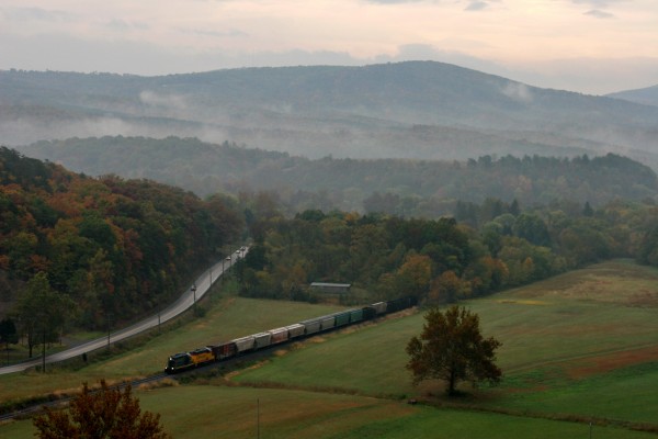 South Branch Valley northbound freight train between Romney and Green Spring, West Virginia, on a misty fall day in 2007.