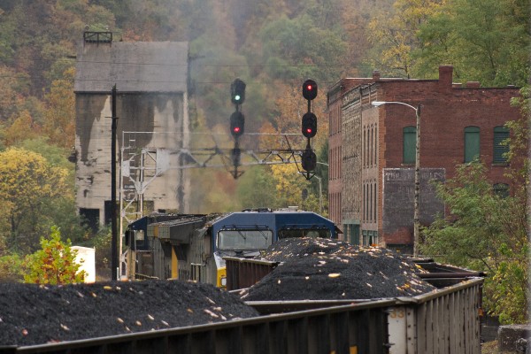 Fall autumn leaves lay atop coal in a CSX train at Thurmond, West Virginia, in October 2007.