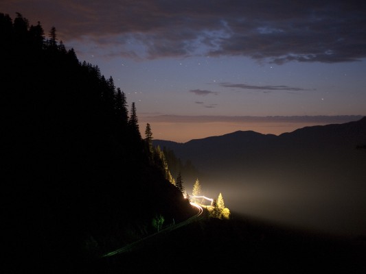 Union Pacific southbound intermodal train (symbol ZBRLC) approaching Tunnel 11 in the Oregon Cascades at dawn on July 9, 2010.