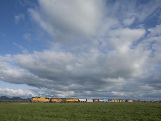 Spring is my favorite season in Oregon and the ever-changing sky is my favorite part of the Willamette Valley. On the kind of afternoon that explains those preferences, Portland and Western's Eugene Hauler freight train heads north behind Union Pacific power on the Union Pacific main line.