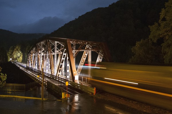 CSX empty coal train crossing the New River at Thurmond, West Virginia, late in an October evening.