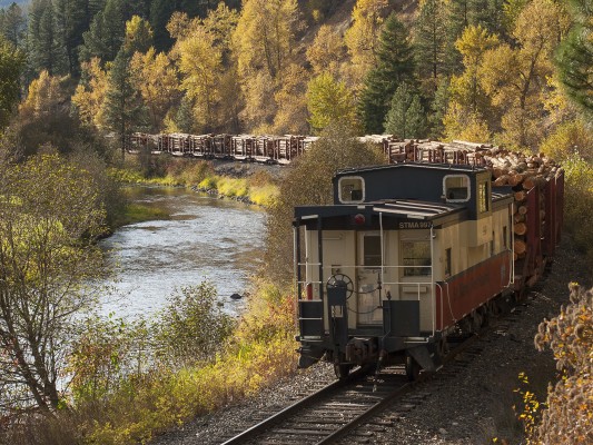 The St. Maries River Railroad's former Burlington Northern caboose brings up the rear of a trainload of logs at Mashburn, Idaho, in October 2008.