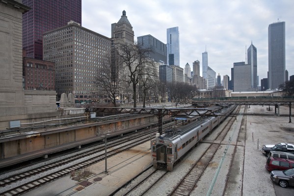 Chicago South Shore & South Bend westbound commuter train no. 110 stopping at Chicago's Van Buren Street station during the morning rush on December 8, 2011.