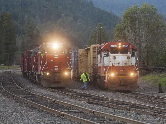 Central Oregon and Pacific Railroad freight trains swapping cars in Glendale, Oregon, on February 8, 2010.