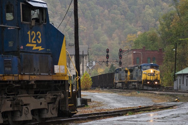 CSX coal trains meet in Thurmond, West Virginia, on a wet October morning in 2007.