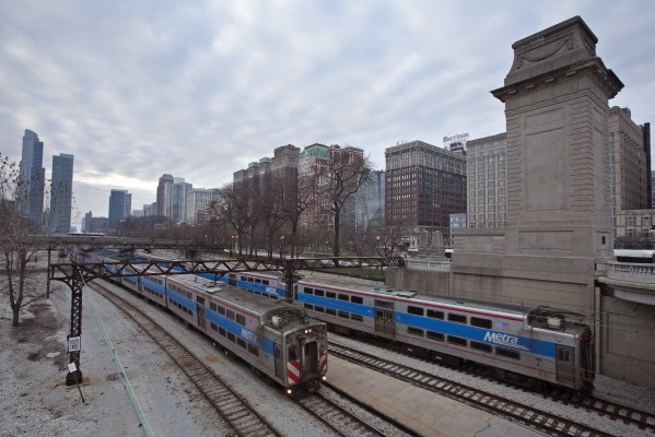 Metra Electric line commuter trains passing just south of Van Buren Street Station during the morning rush on December 8, 2011.