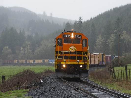With engineer Lou Thelen at the throttle, Portland and Western's Toledo Hauler negotiates reverse curves near Nashville, Oregon, in the Coast Range mountains on March 31, 2011.