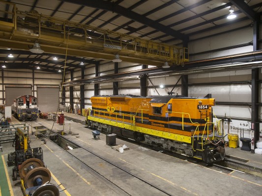 Portland and Western SD9 locomotive 1854 inside the railroad's Albany shops following a rebuild. June 12, 2009; shot on assignment for <i>Locomotive</i> magazine.