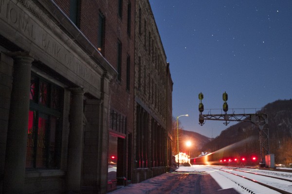 An eastbound CSX coal train hustles through Thurmond, West Virginia, on a clear winter night in 2005.