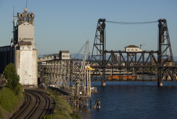 Portland and Western Railroad's train 663 crossing the Steel Bridge over the Willamette River in downtown Portland, Oregon, on July 8, 2011.