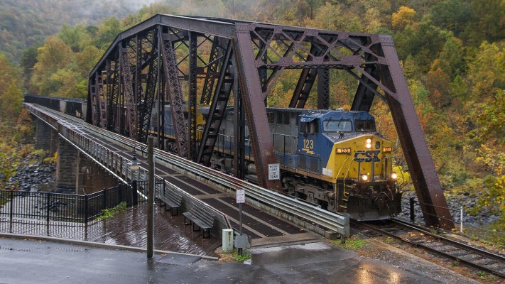 CSX loaded coal train crossing the New River at Thurmond, West Virginia.