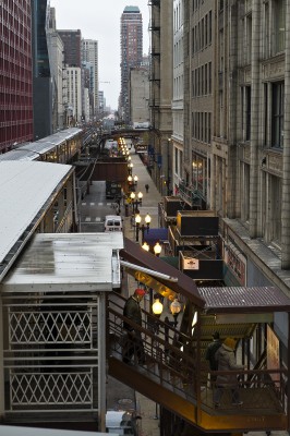 Passengers disembarking from a Chicago L train at Adams station in the Loop.