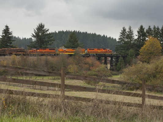 Portland and Western's Harbor Turn crosses a small trestle near North Plains, Oregon, on the grade to Cornelius Pass on October 30, 2009.