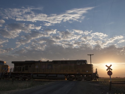 The setting sun silhouettes a cross buck on a rural road and the lead locomotive of Union Pacific's Roseville to Portland Terminal freight train on the evening of August 16, 2008.