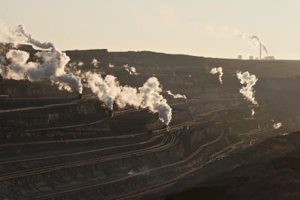 Steam trains on many levels of track inside the massive Zhalainuoer coal mine in Inner Mongolia near the Russian border.