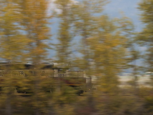 St. Maries River Railroad's inbound Plummer Turn dashes through colorful trees just west of St. Maries, Idaho, on an overcast fall afternoon in October 2008.