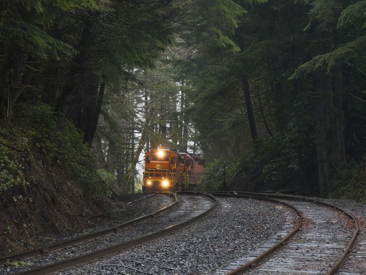 Portland and Western's Toledo Hauler approaches the crest of the grade over the Coast Range at Summit, Oregon, on March 31, 2011.