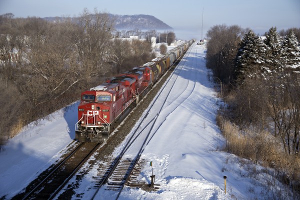 Eastbound Canadian Pacific grain train no. 396 at Wabasha, Minnesota, on February 24, 2013. Selected as the cover of the January 2016 issue of Trains magazine.