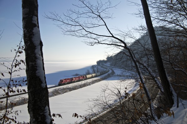 Canadian Pacific westbound local freight train H19 at Maple Springs, Minnesota, on February 24, 2013.