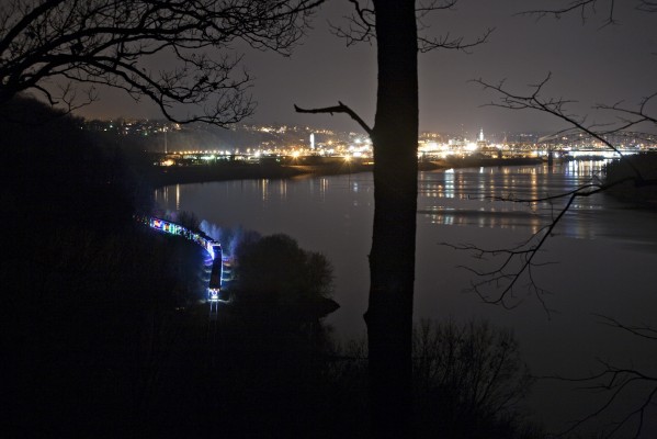 Canadian Pacific's Holiday Train pausing at the Wood interlocking on the south end of Dubuque, Iowa, while awaiting permission from the CN dispatcher to proceed north on the evening of December 6, 2012.